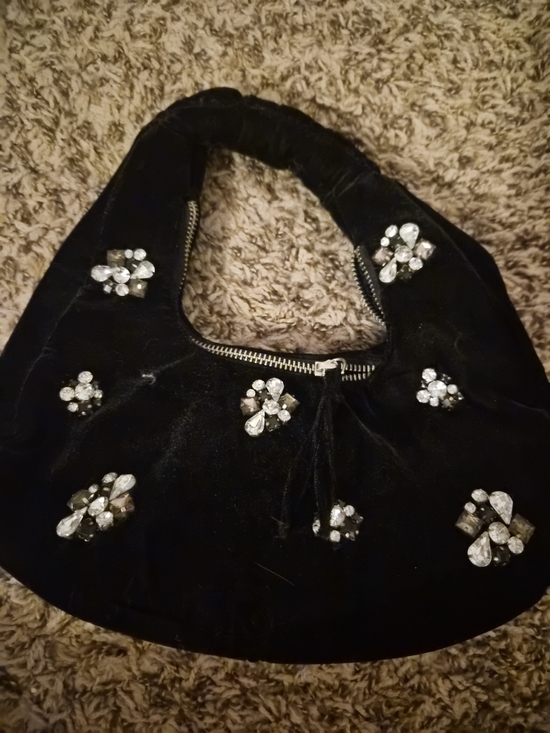 Handbags - Black Velvet Crystal-Embellished Hobo Bag